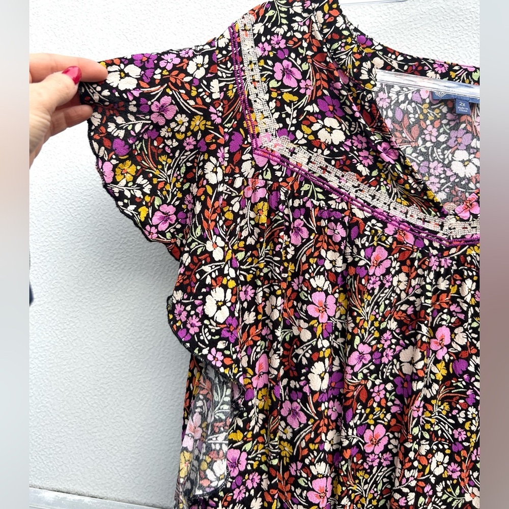 Democracy WOMENS Floral Top 2X Embroidered Multi Flutter Sleeves Cottage Core